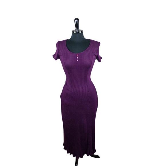 Vintage 90s Byer Maxi Ribbed Bodycon Dress Purple Short Sleeve Lacing - Picture 1 of 4
